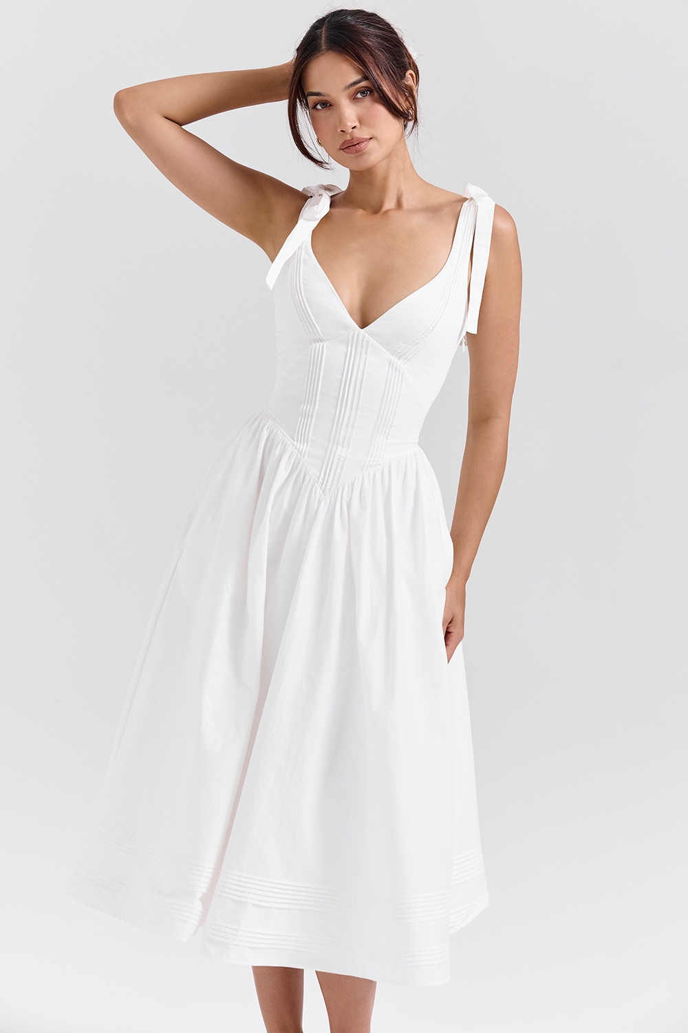 Hattie, White Pin Tuck Cotton Midi Sundress