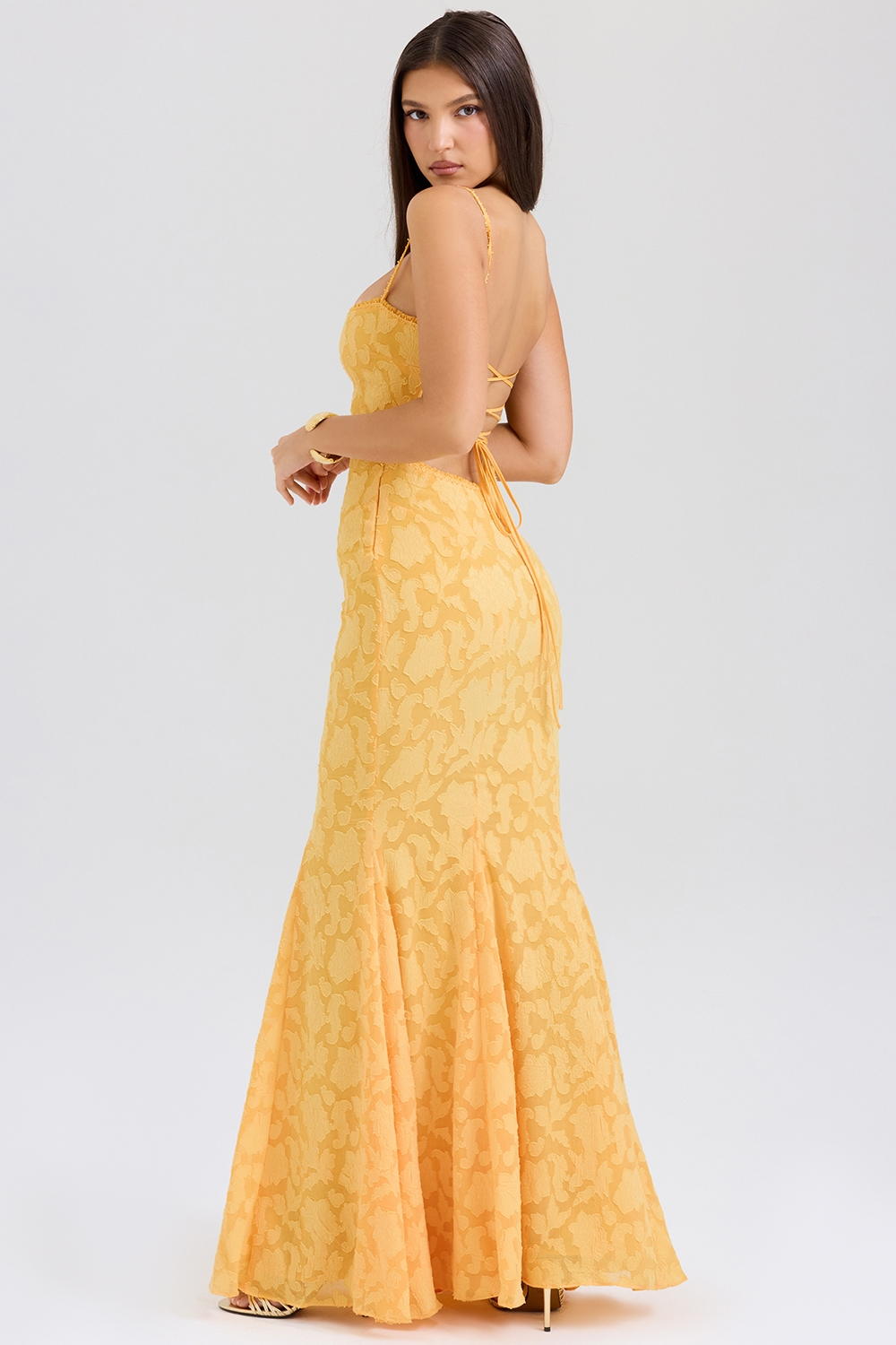 Joan, Apricot Lace Up Back Maxi Dress