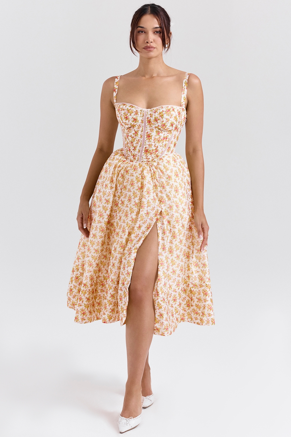 Kelly, Royal Rose Print Corset Midi Sundress