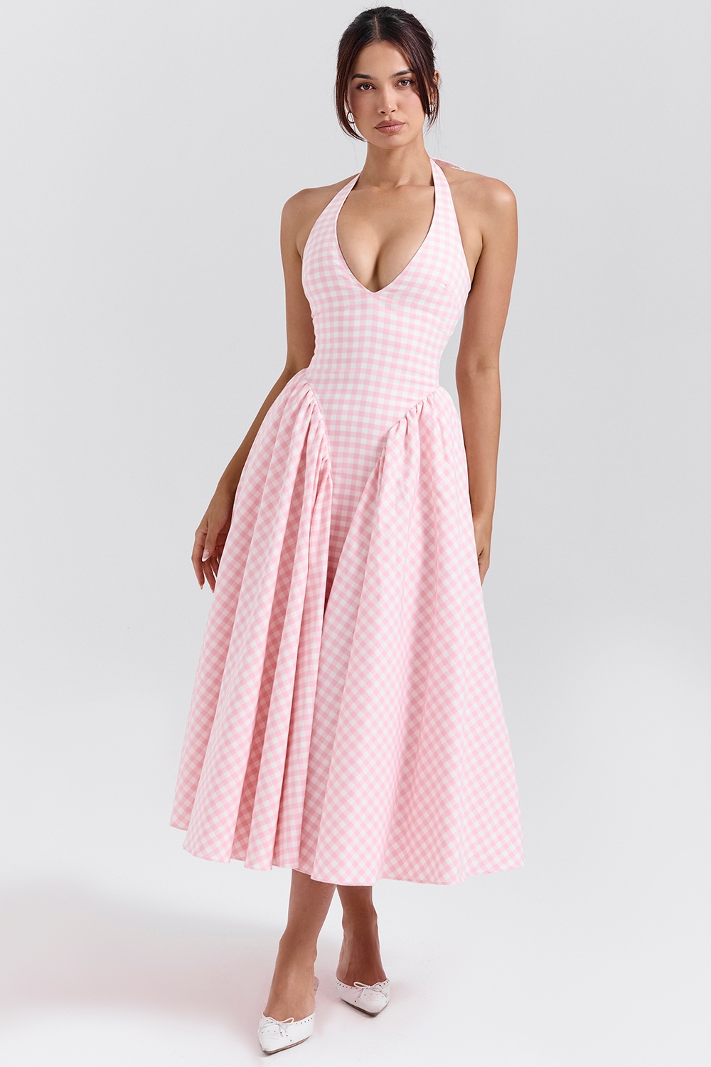 Marilyn, Strawberry Shortcake Gingham Halter Midi Sundress