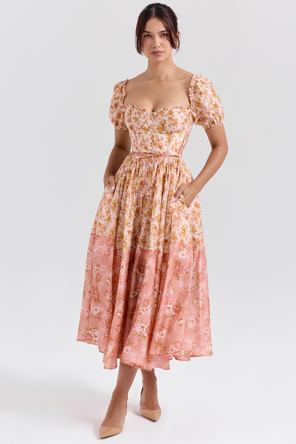 Penelope, Peach Poppy Print Puff Sleeve Midi Sundress