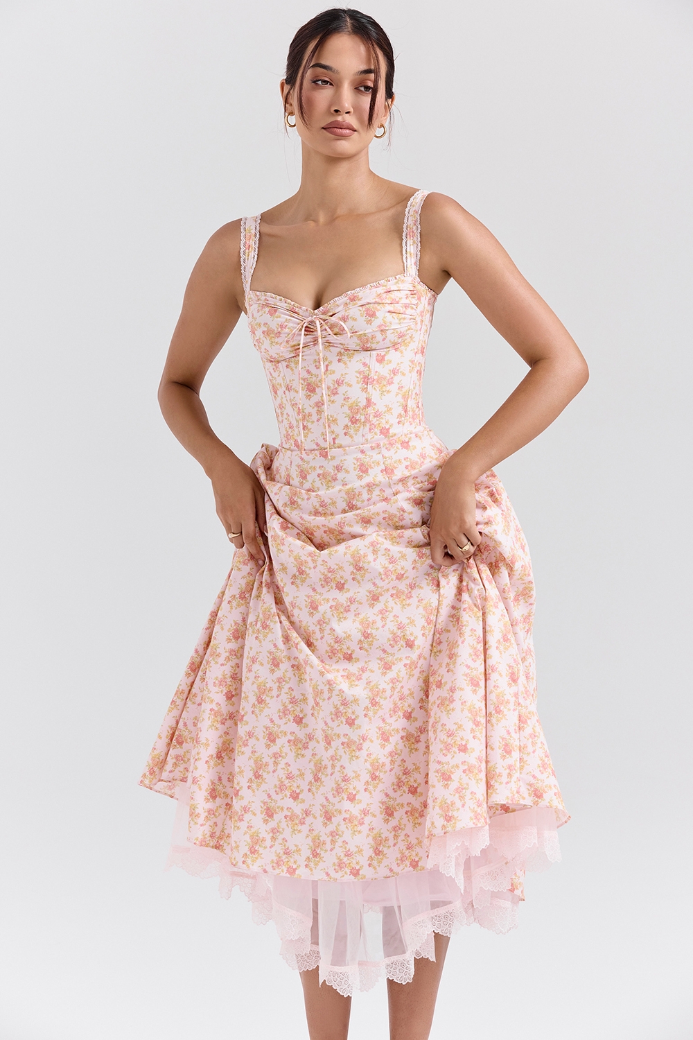 Rosalee, Peach Poppy Print Cotton Bustier Sundress