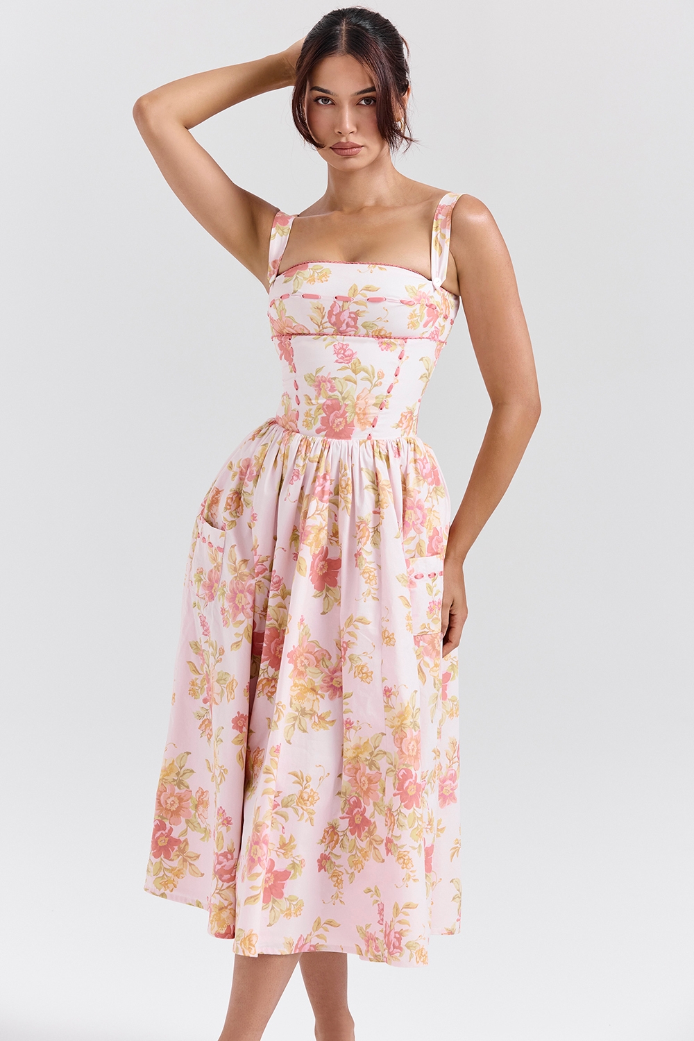 Vivien, Peach Poppy Print Cotton Midi Sundress