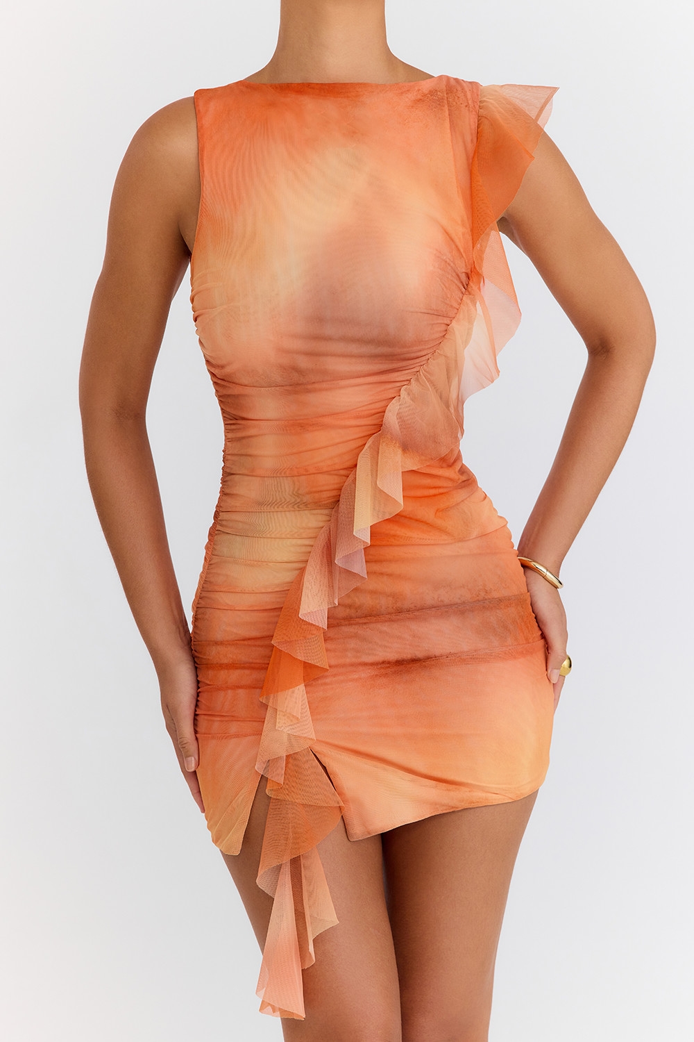 ,Mistress Rocks Orange Ombre Gathered Ruffle Mini Dress