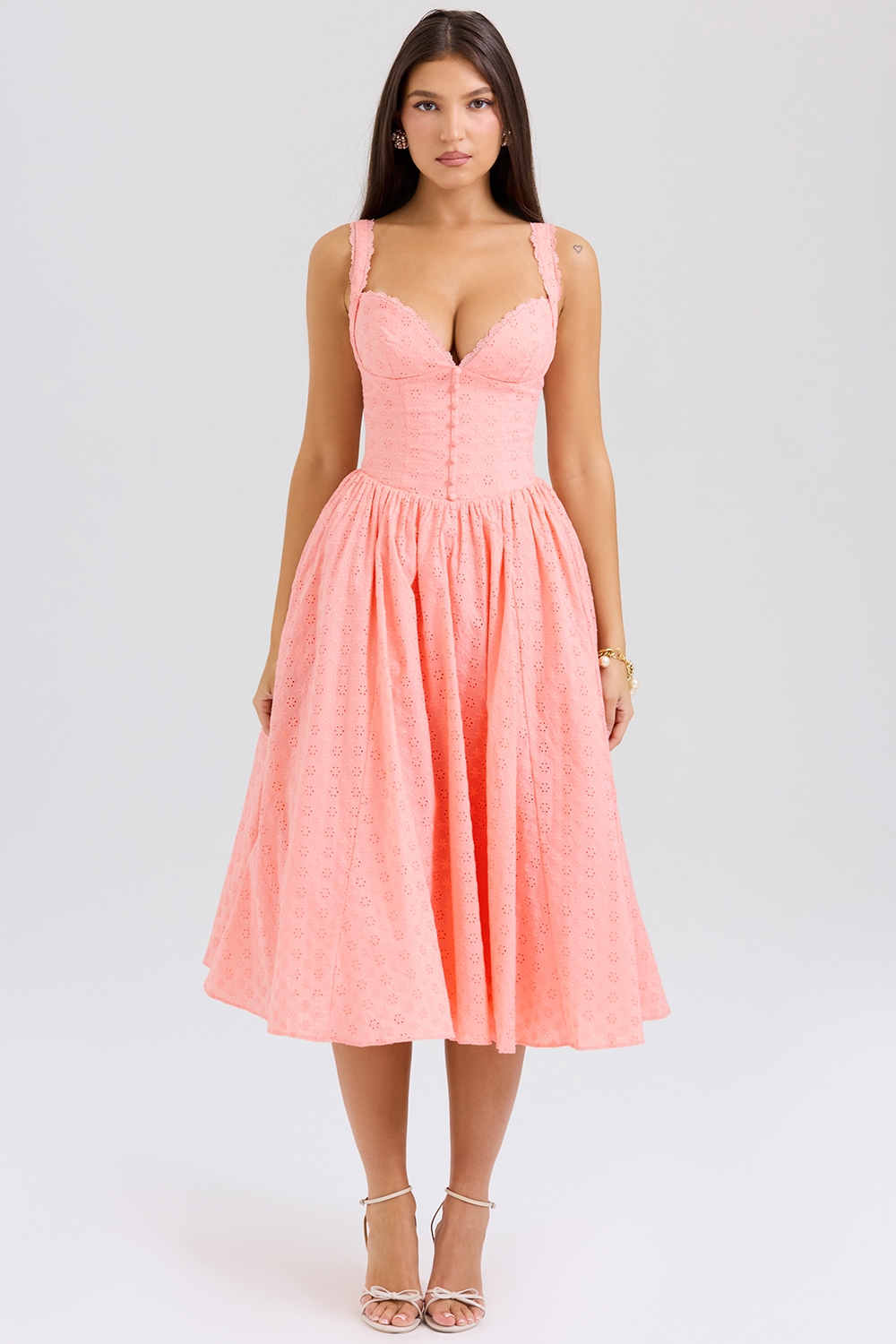 Adalyn, Peach Broderie Anglais Midi Sundress