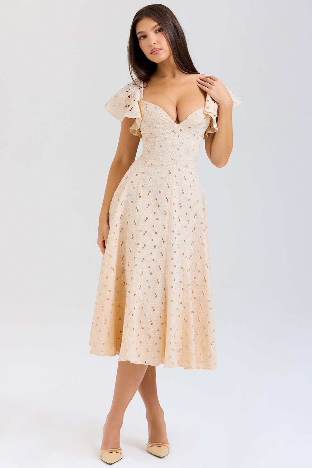 Amaya, Cream Tea Broderie Anglais Midi Dress