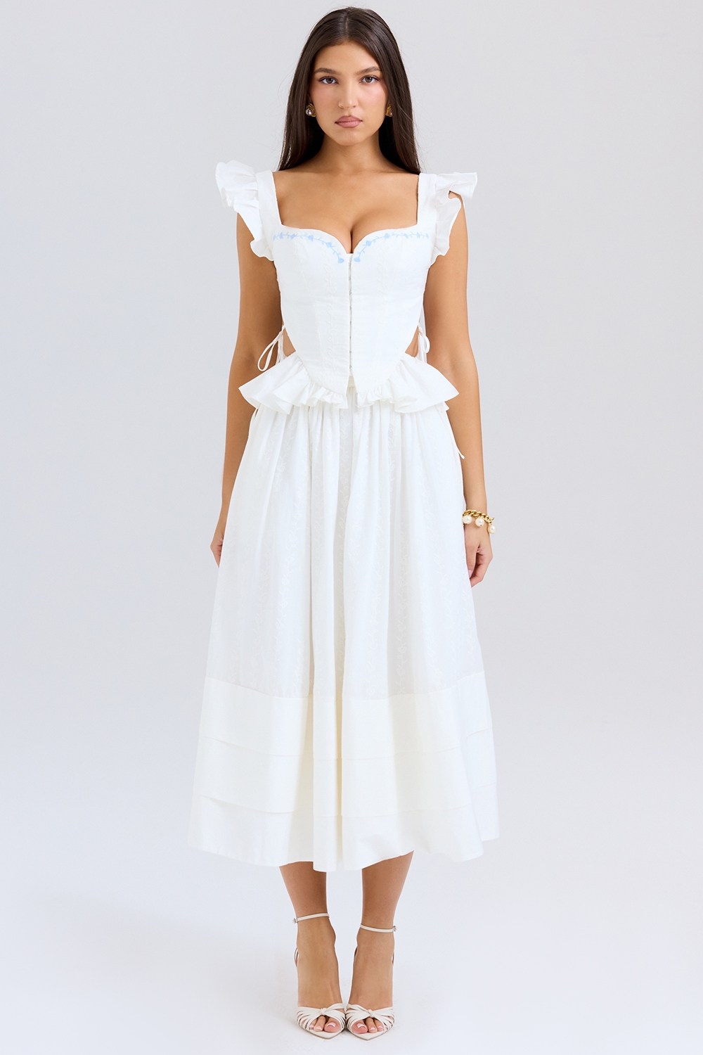 Augustine, White Embroidered Cotton Midi Skirt