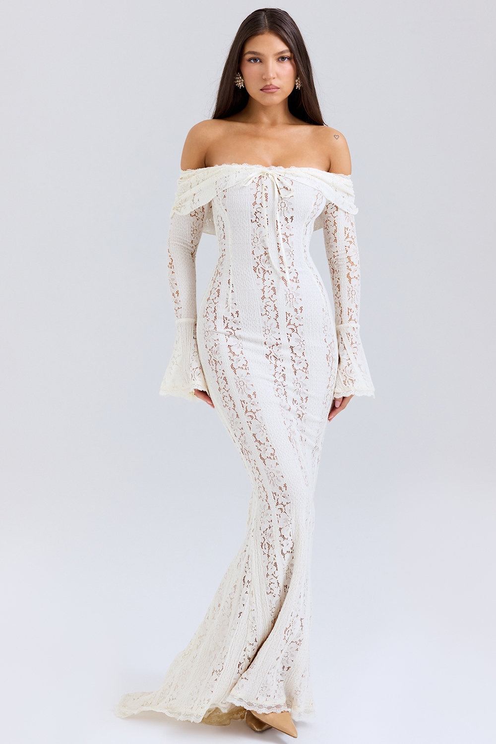 Belle, Vintage Cream Floral Lace Off Shoulder Maxi Dress