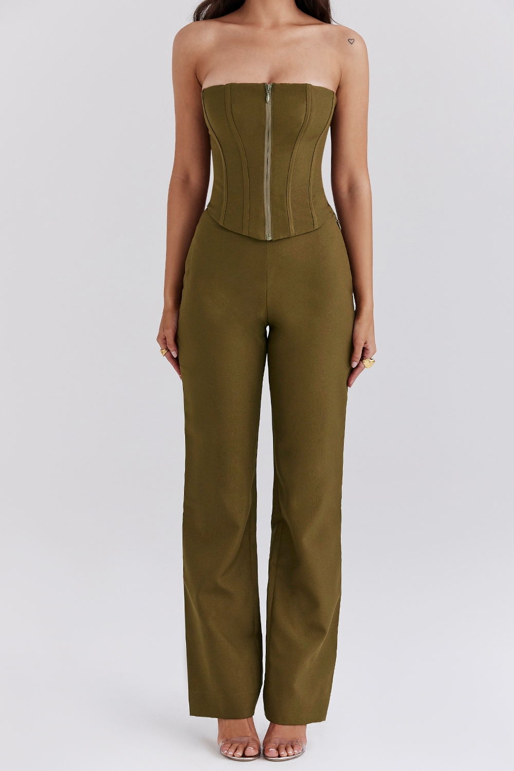 ,Mistress Rocks Khaki Strapless Jumpsuit