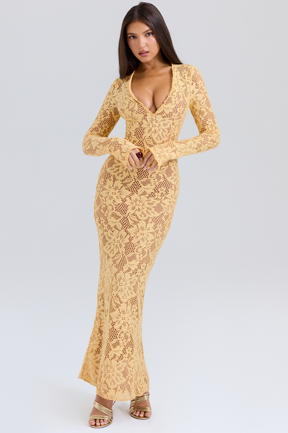 Indiana, Apricot Plunge Lace Maxi Dress