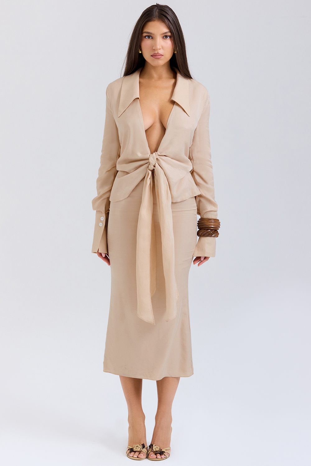 Nevaeh, Almond Plunge Shirt Midi Dress