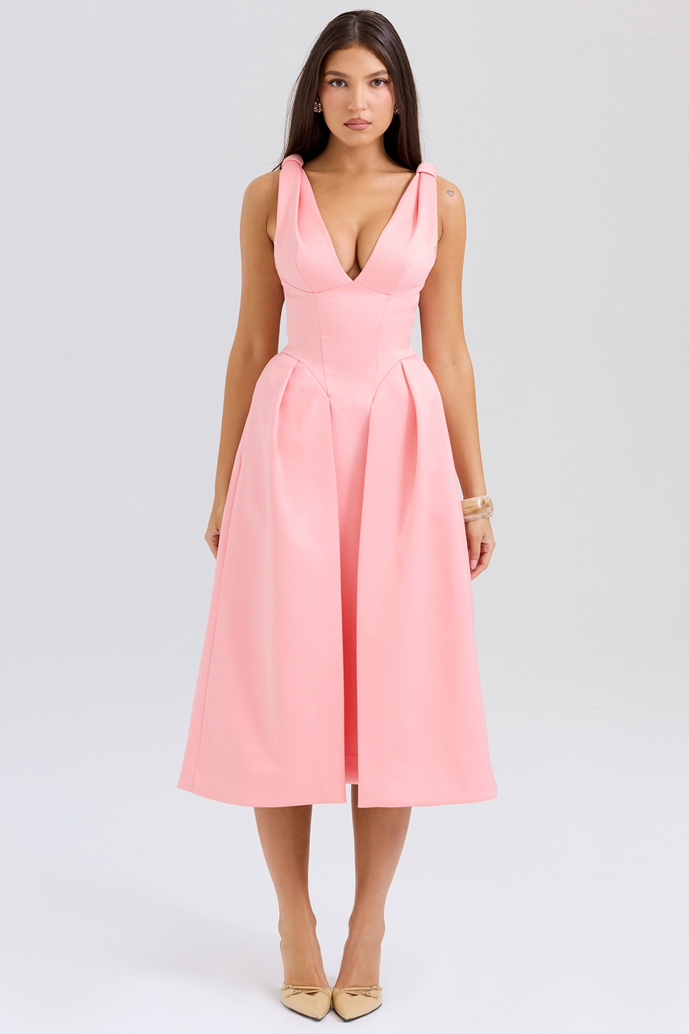 Paloma, Peach Satin Pleated Midi Dress