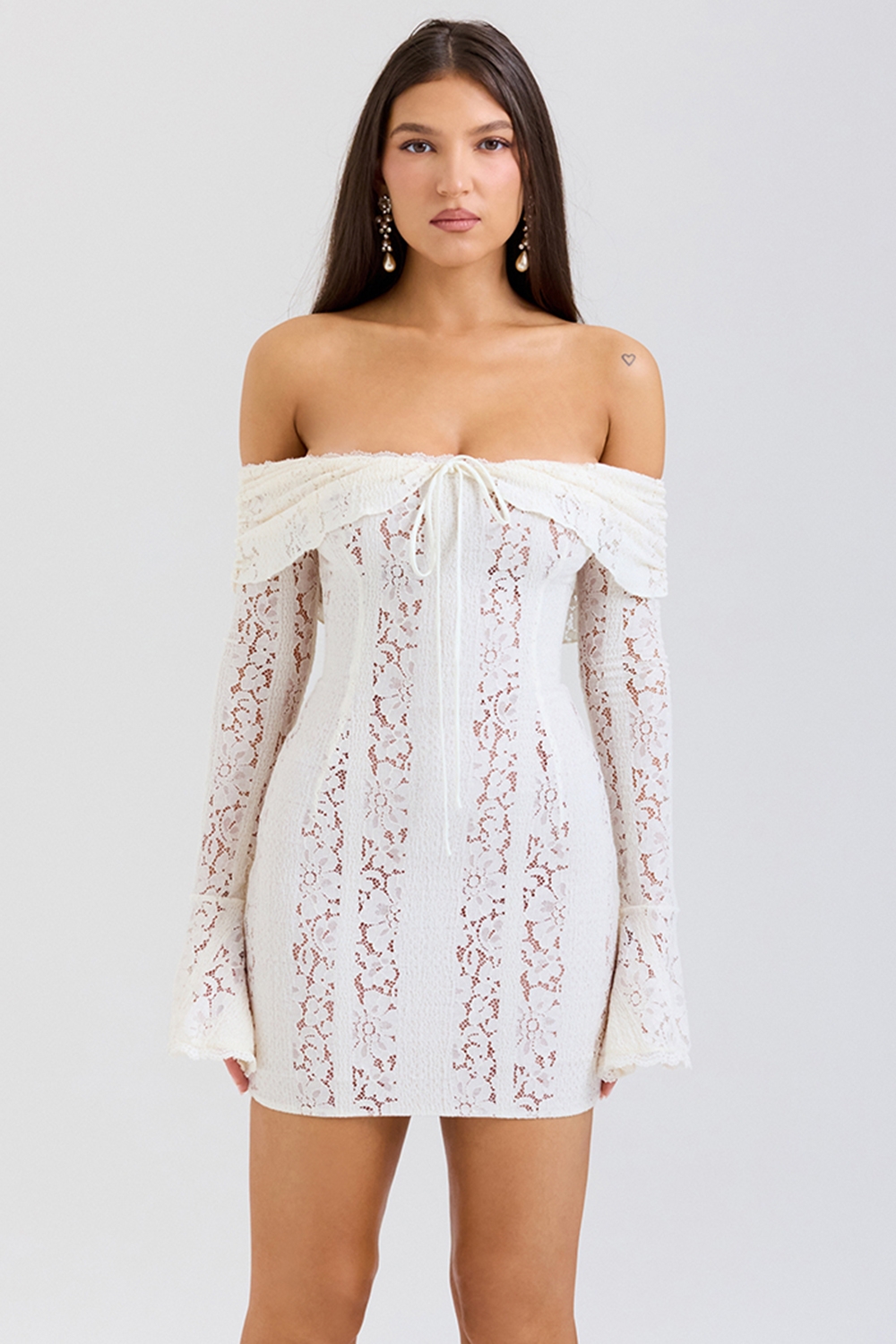 Sadie, Vintage Cream Floral Lace Off Shoulder Mini Dress