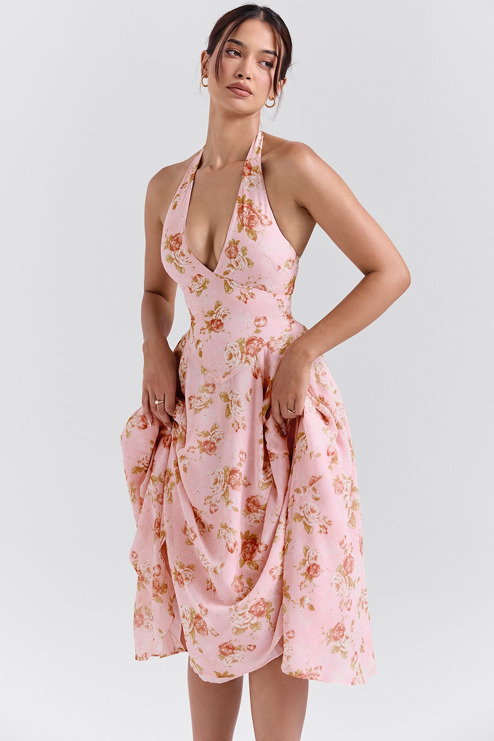 Solada, English Vintage Rose Print Georgette Halter Sundress