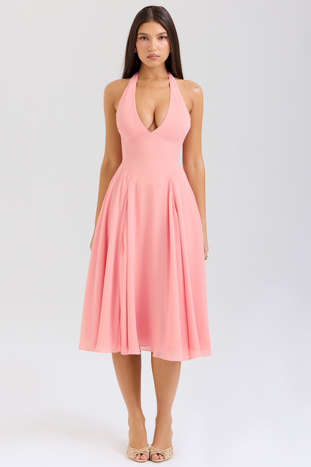 Solada, Peach Georgette Halter Sundress