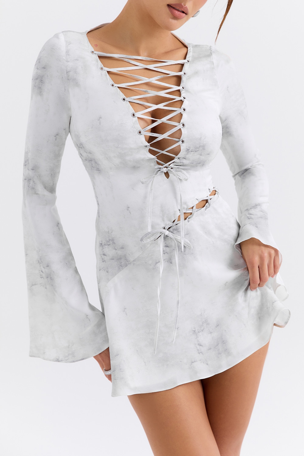 ,Mistress Rocks Marble Satin Lace Up Mini Dress