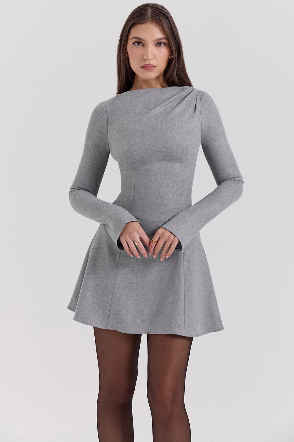 Angelique, Grey A-Line Long Sleeve Mini  Dress