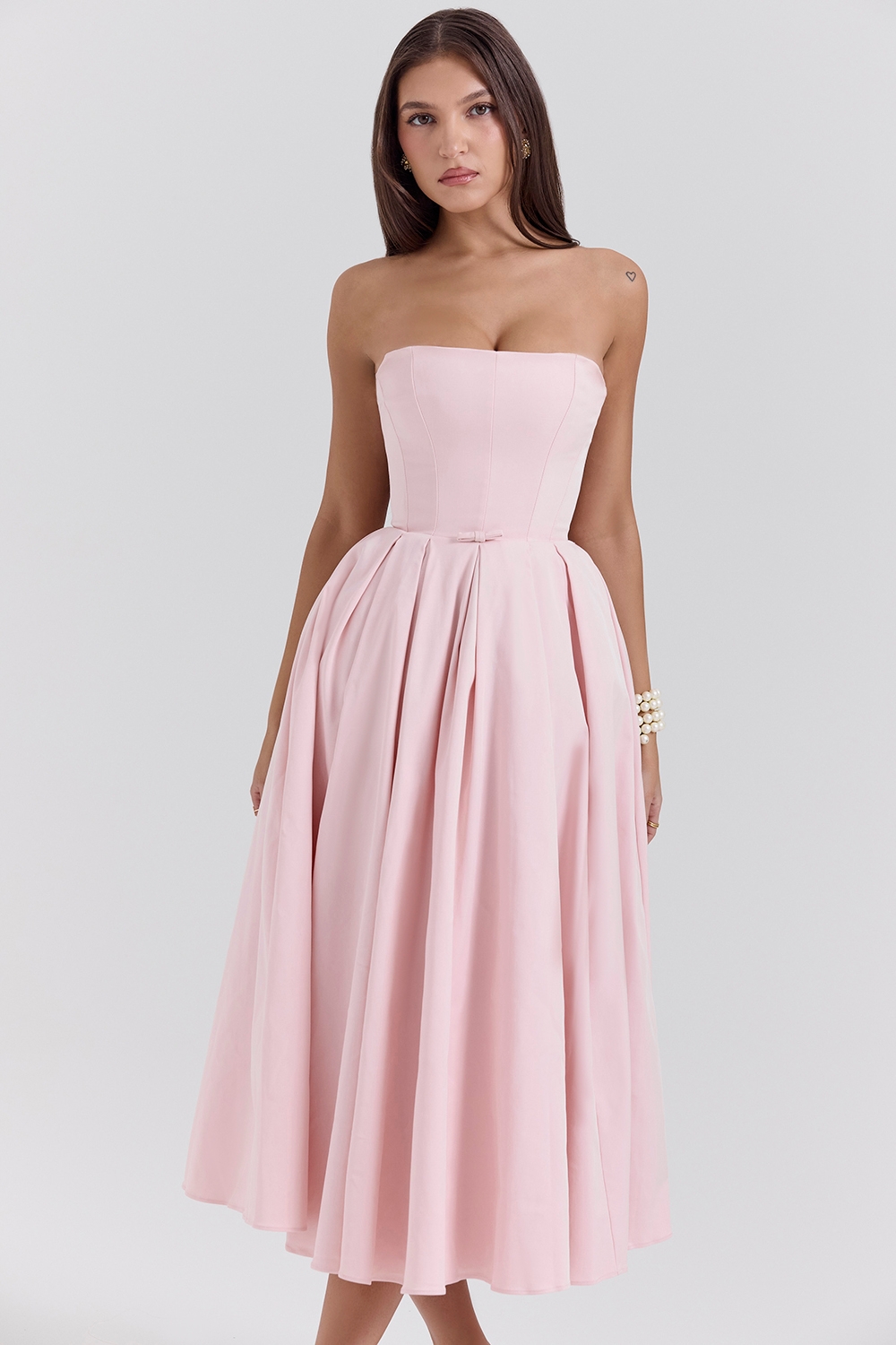 Contessa, Parisian Pink Strapless Corset Midi Dress