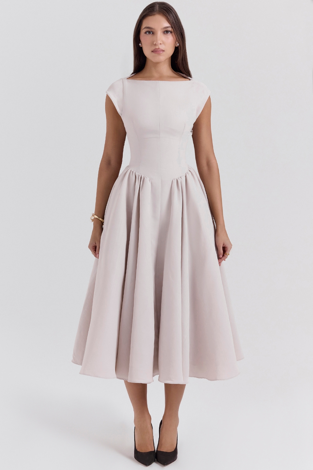 Debutante, French Dove Moire Satin Backless Midi Dress