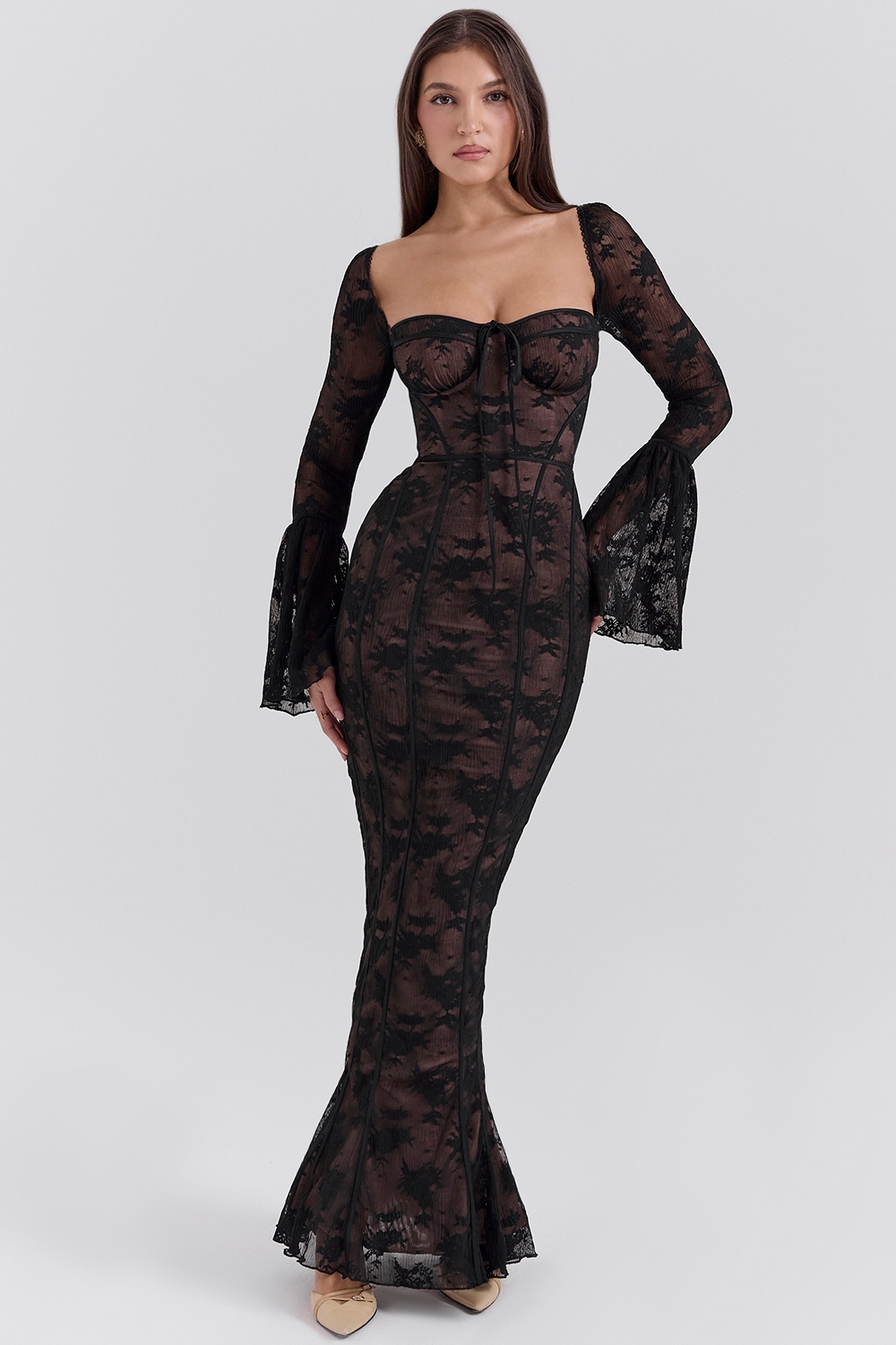 Delilah, Black Long Sleeve Lace Maxi Dress