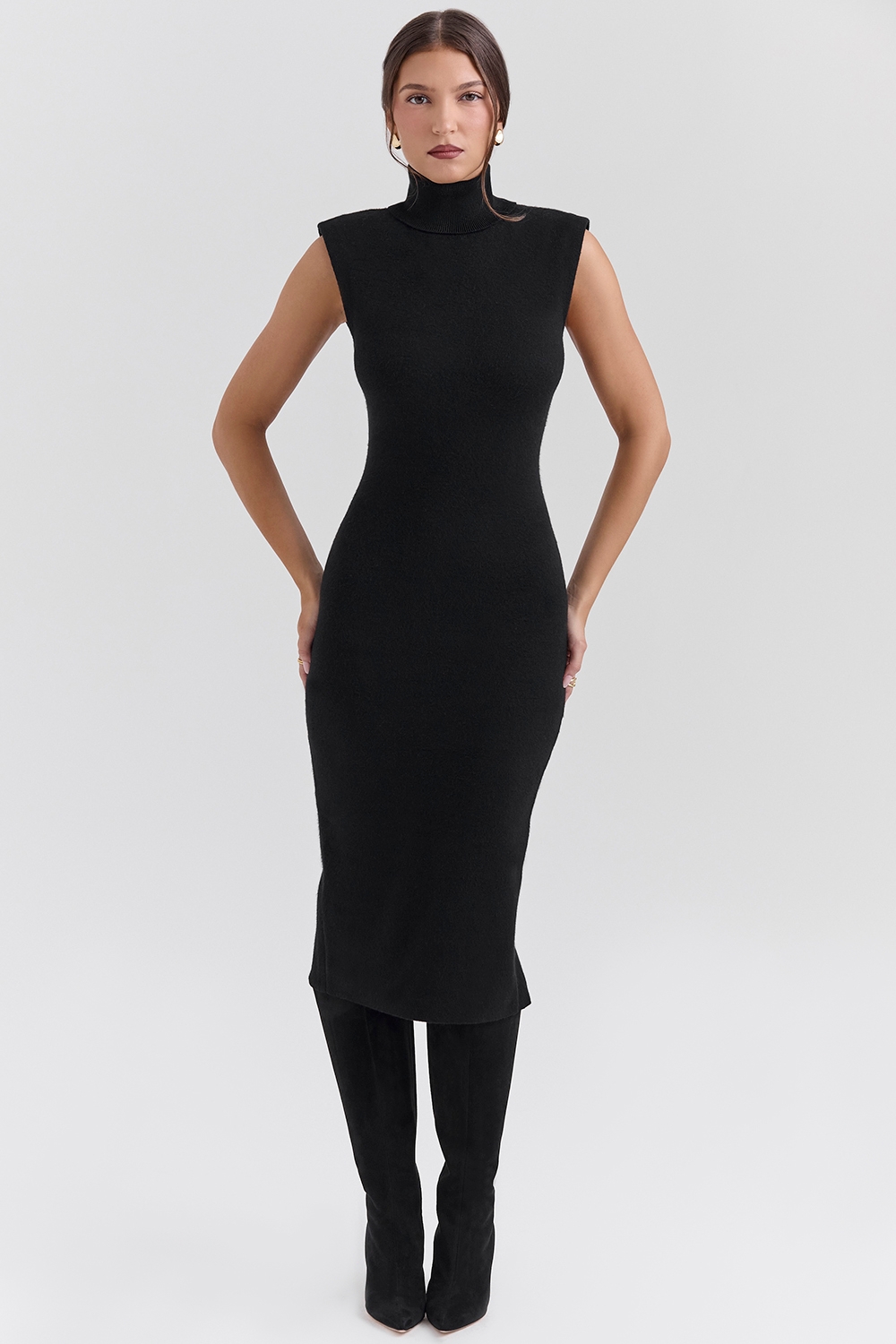 Gaia, Black Cashmere Blend Turtle Neck Midi Dress