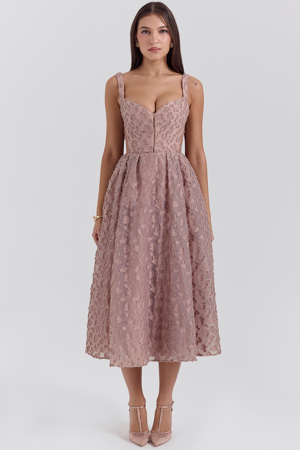 Lovely, French Rose Jacquard Sweetheart Neckline Midi Dress