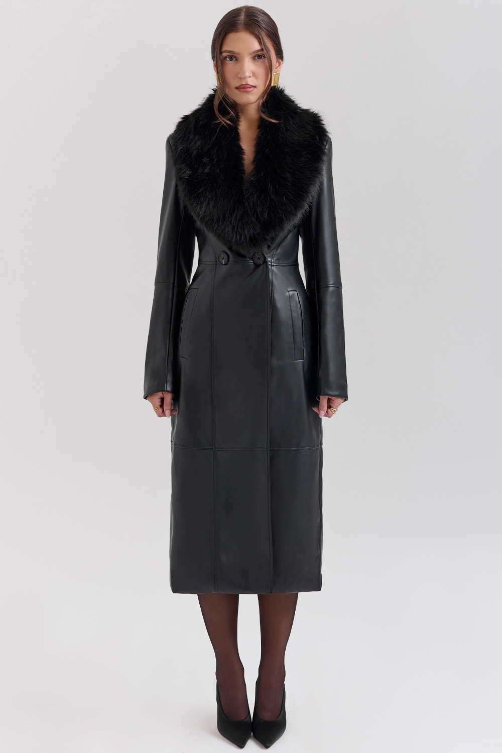 Marcel, Black Faux Fur Trimmed Vegan Leather Coat