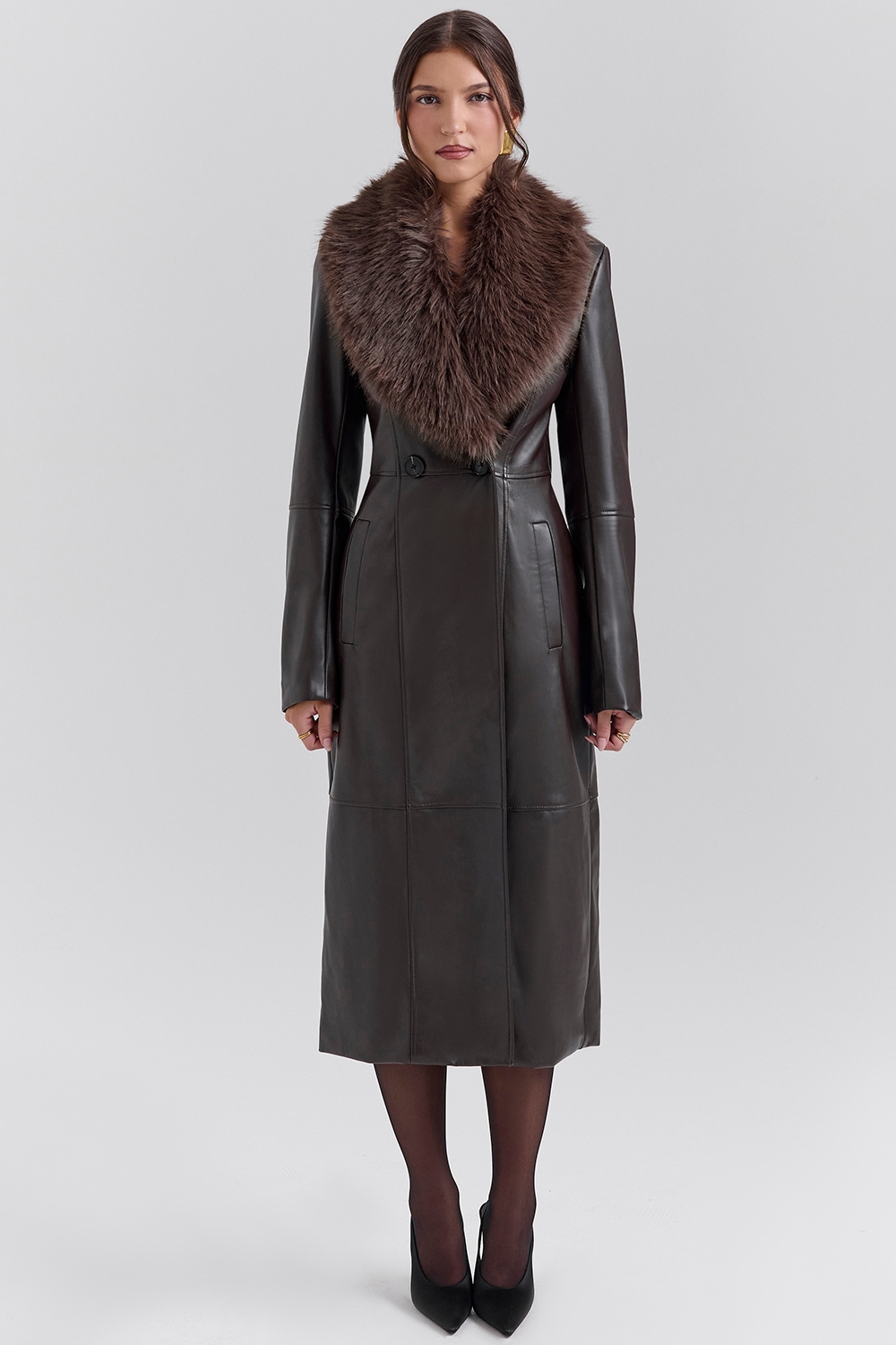 Marcel, Brown Faux Fur Trimmed Vegan Leather Coat