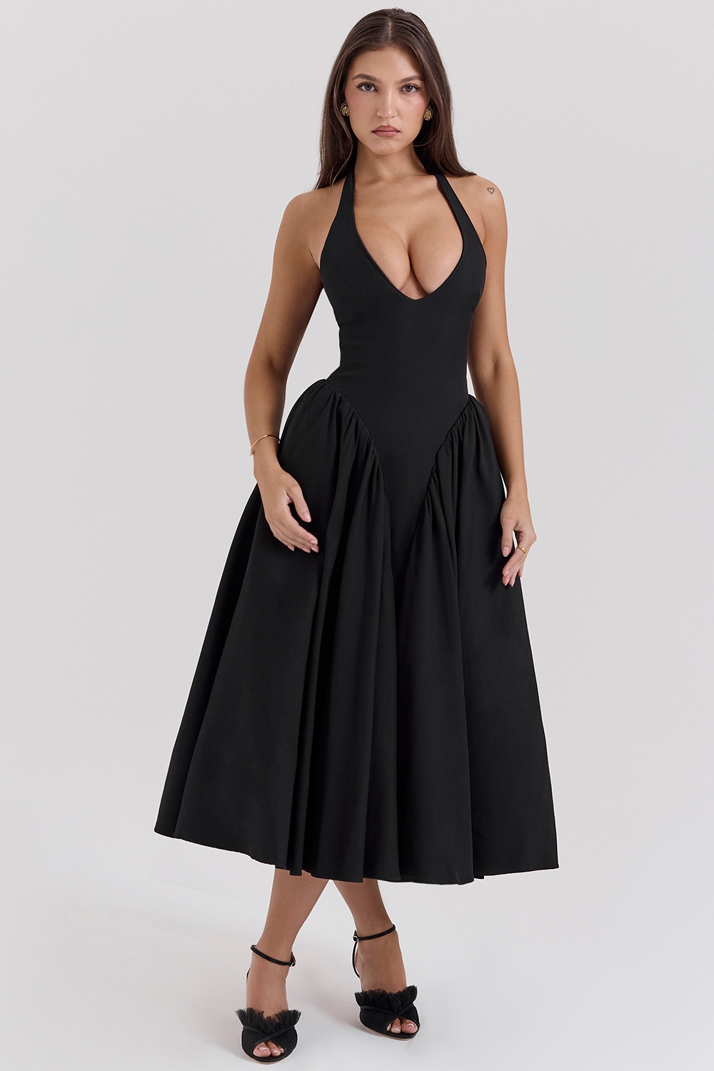 Marilyn, Black Twill Halter Midi Dress