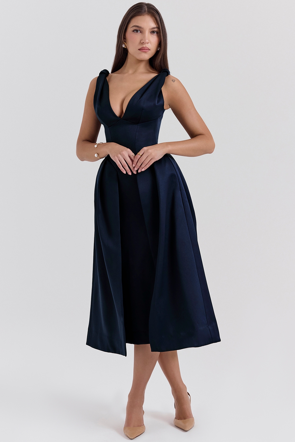 Paloma, Midnight Twist Strap Satin Midi Dress