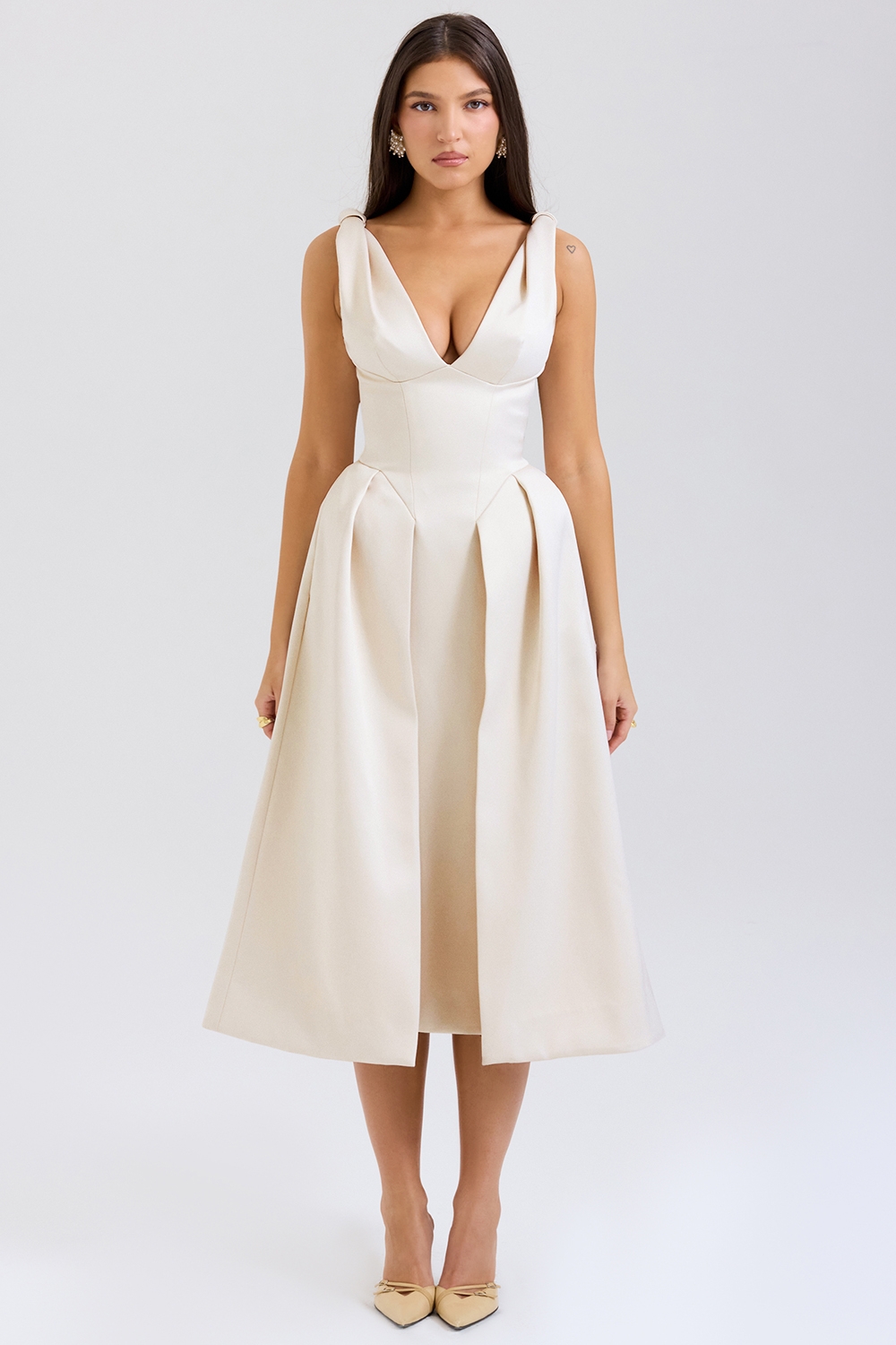 Paloma, Vintage Cream Satin Pleated Midi Dress