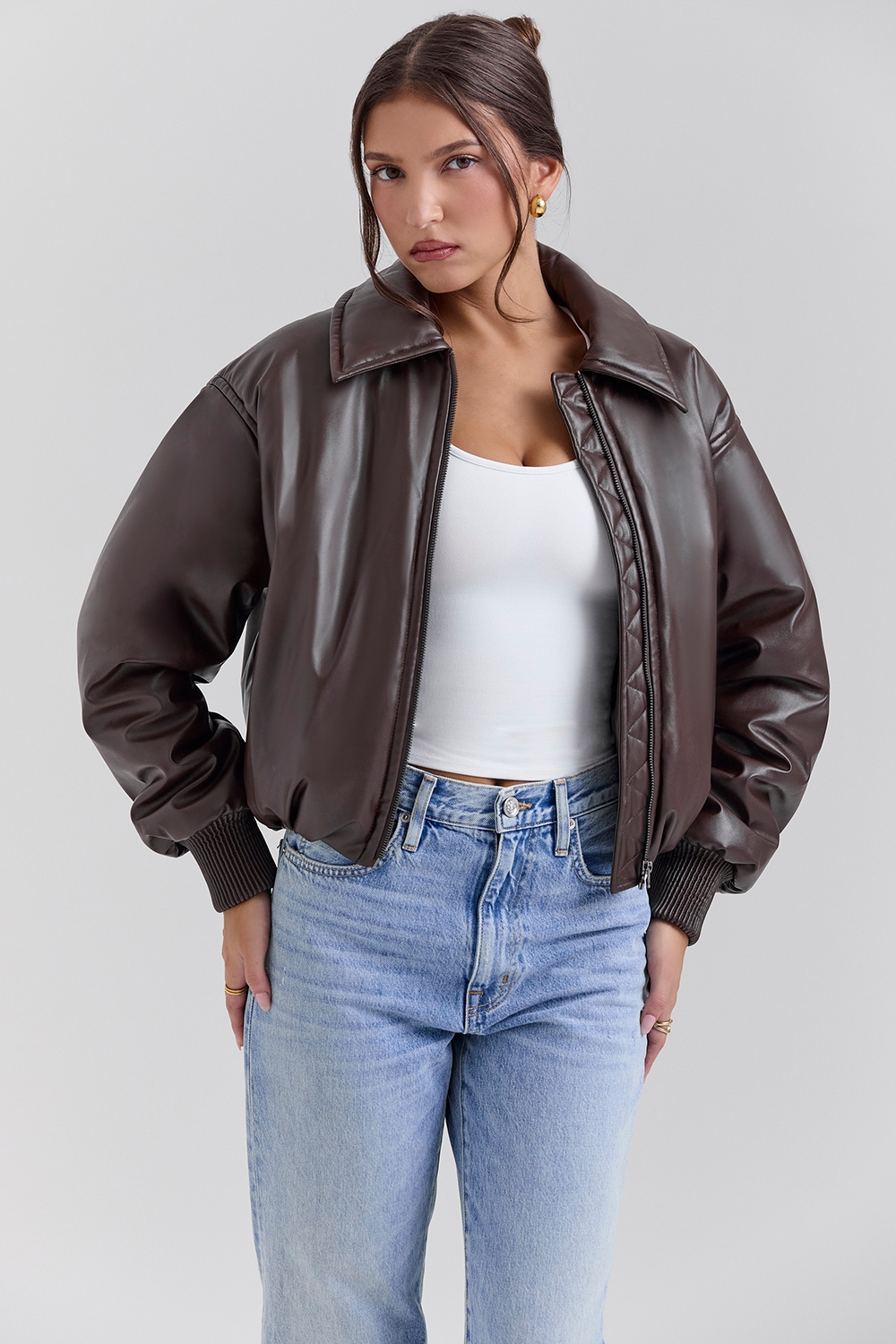 Sante, Dark Brown Vegan Leather Bomber Jacket