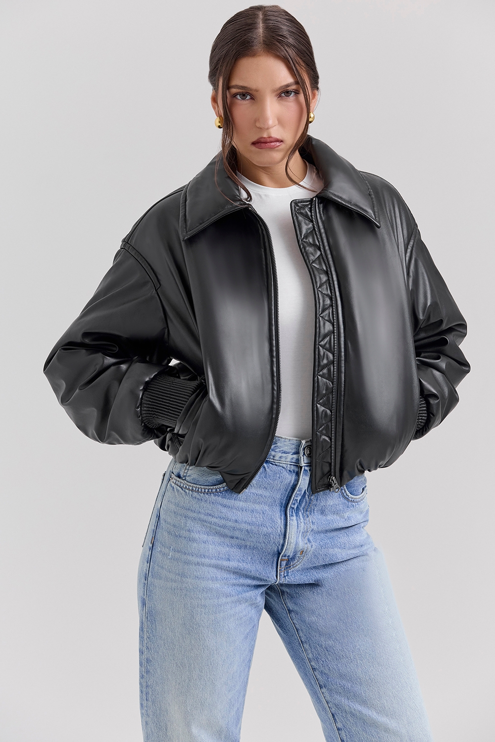 Sante, Black Vegan Leather Bomber Jacket