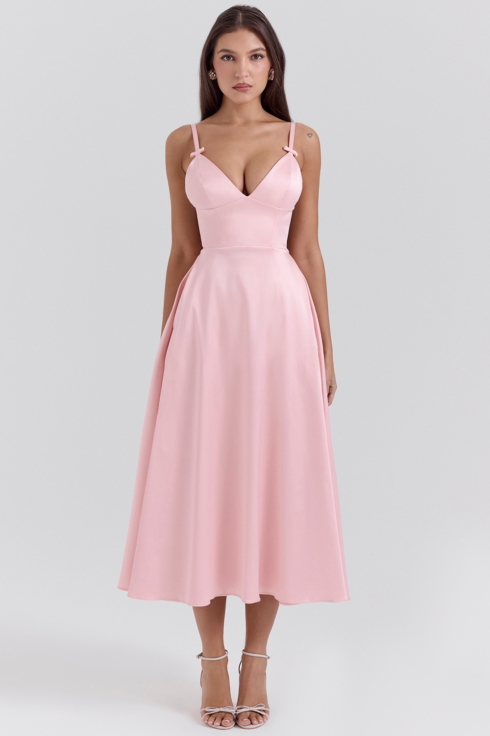 Tiffany, Parisian Pink Satin A-Line Midi Dress