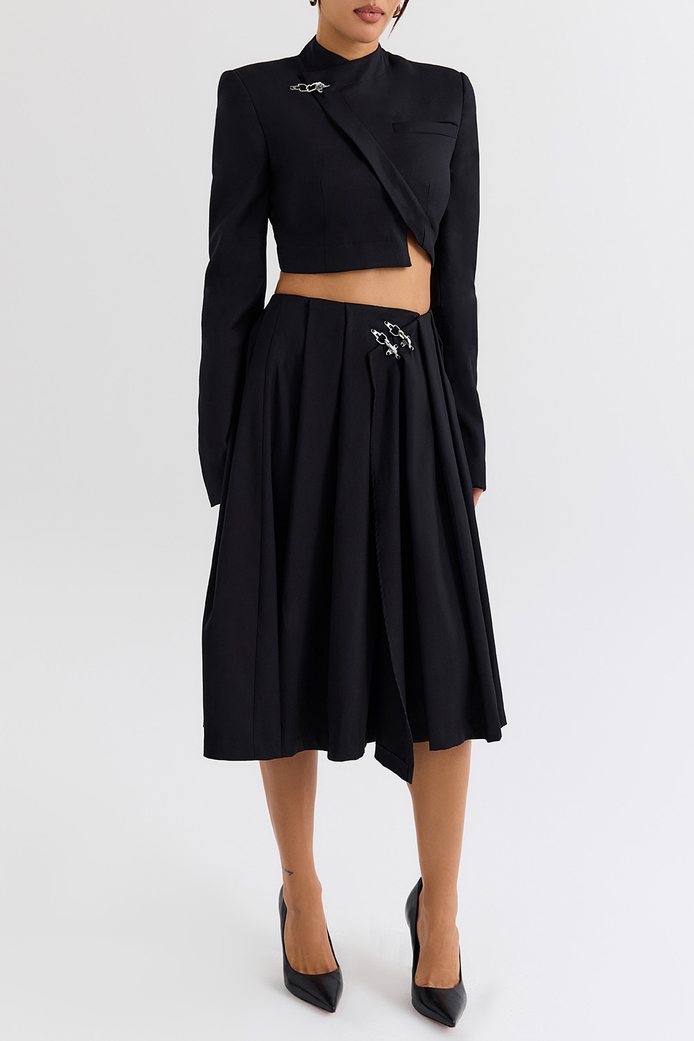 ,Mistress Rocks Black Pleated Wrap Front Midi Skirt