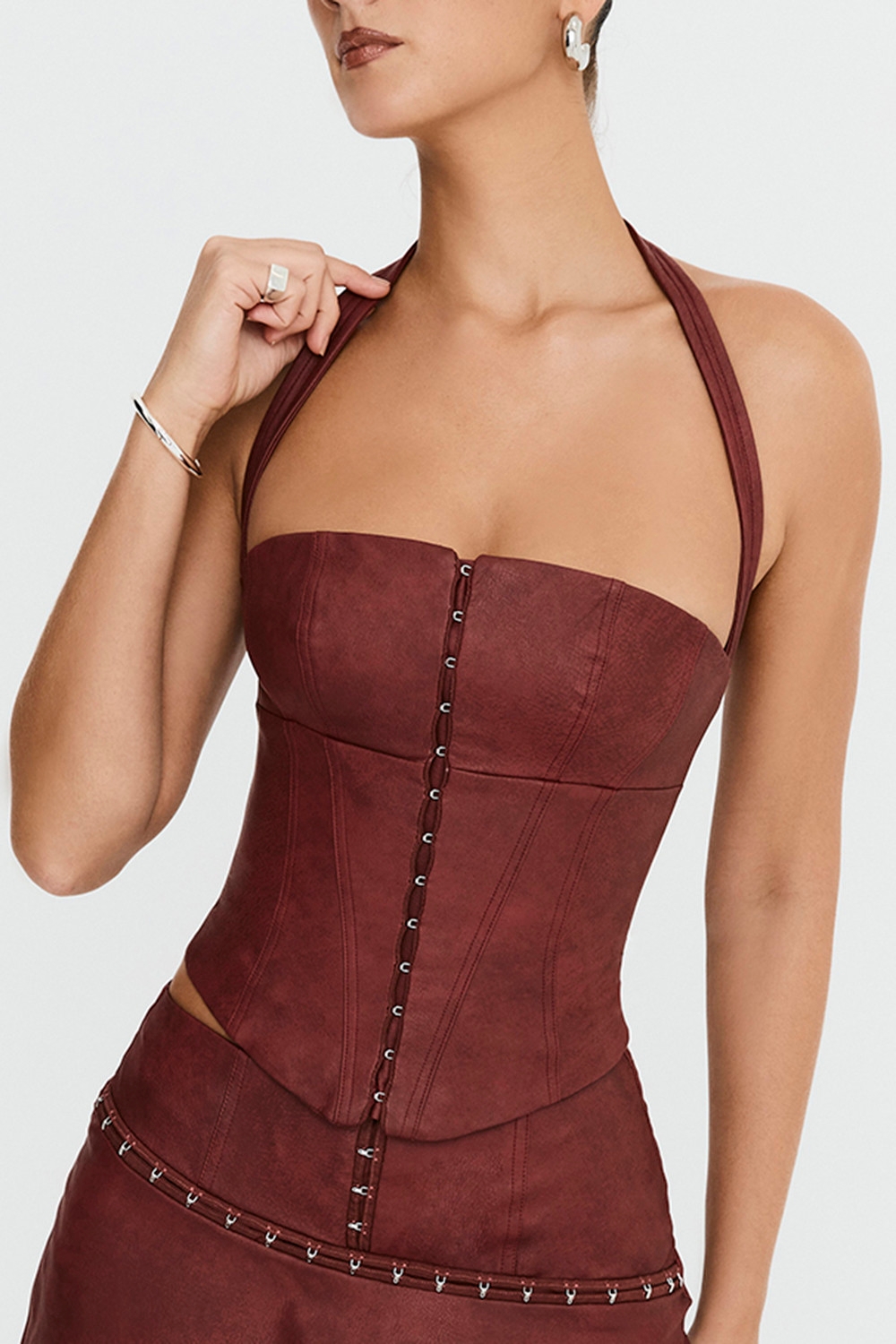 ,Mistress Rocks Cherry Vegan Leather Halter Corset Top