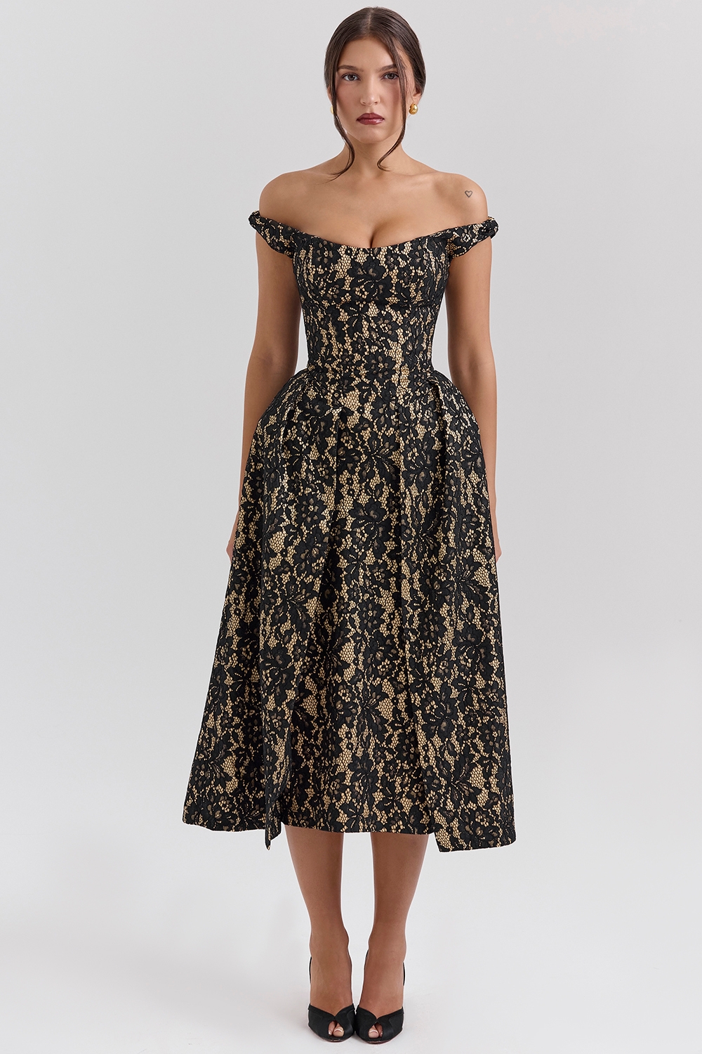 Charming, Black Gold Lace Off Shoulder Midi Gown