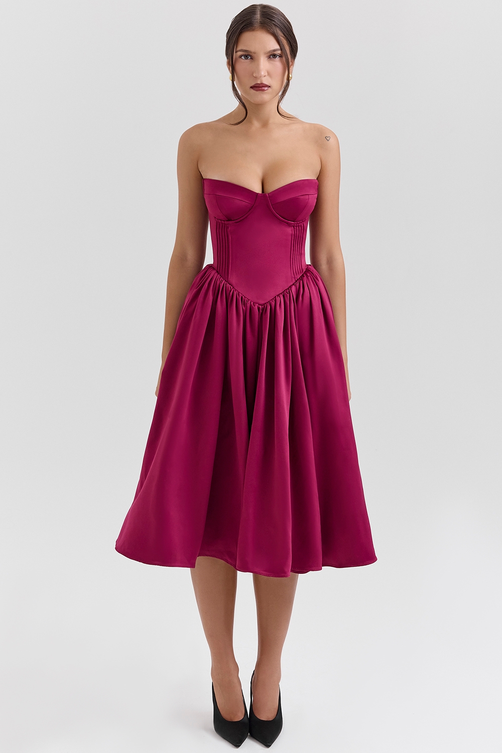 Coco, Burgundy Satin Tulle Midi Dress