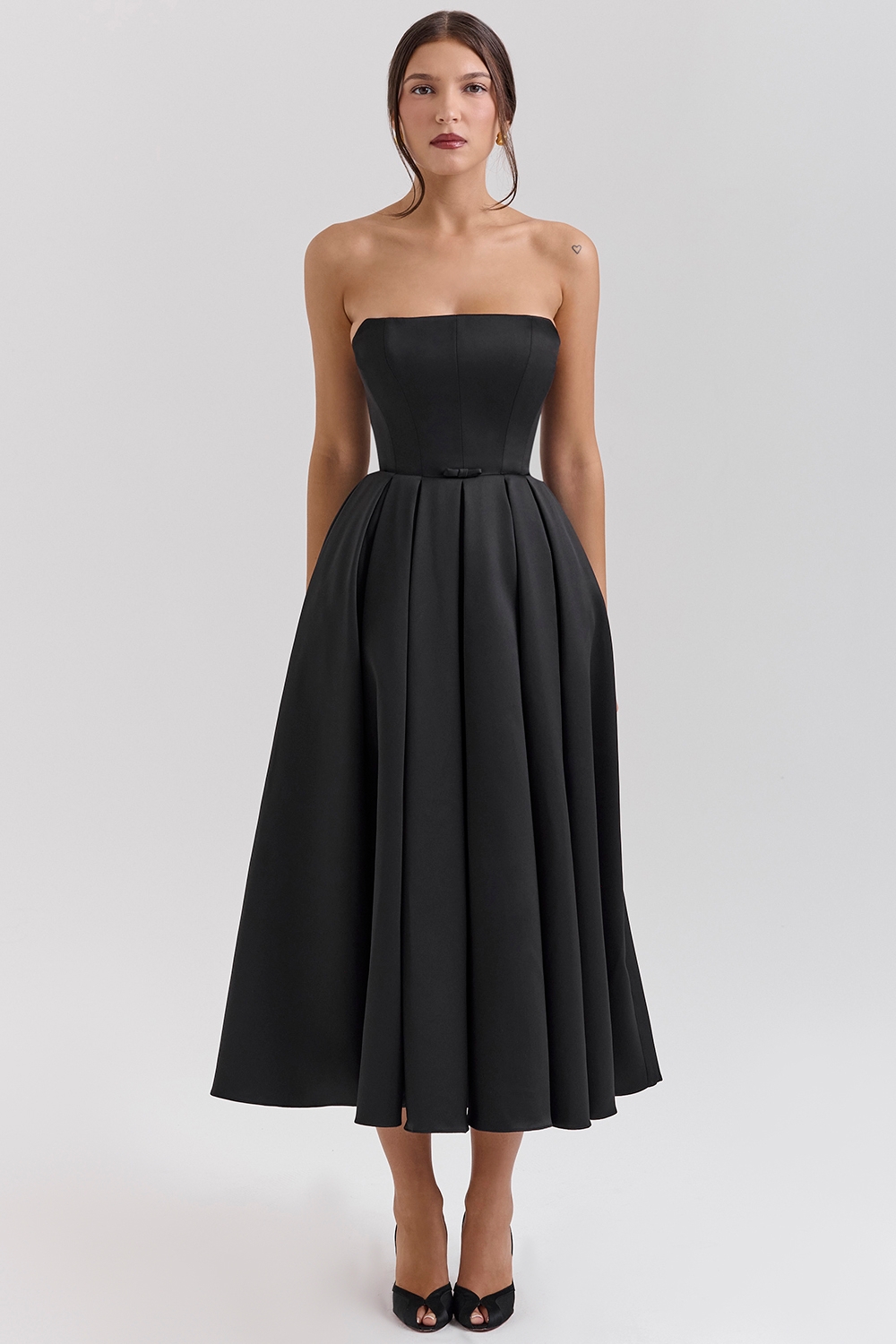 Contessa, Black Strapless Satin Corset Midi Dress