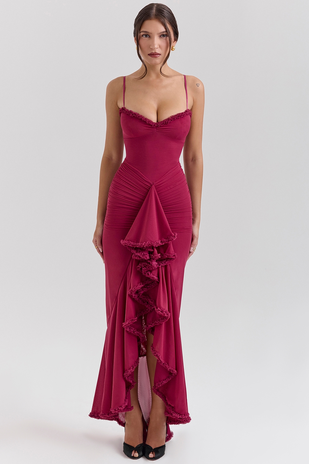 Gabbi, Wine Ruffled Front Gown