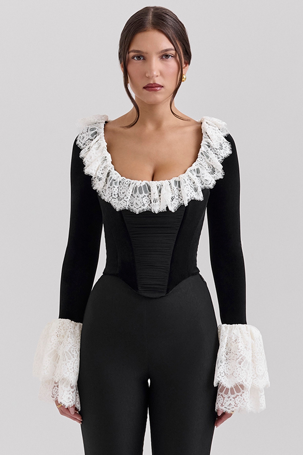 Jacinda, Black Velvet Lace Trimmed Corset Top