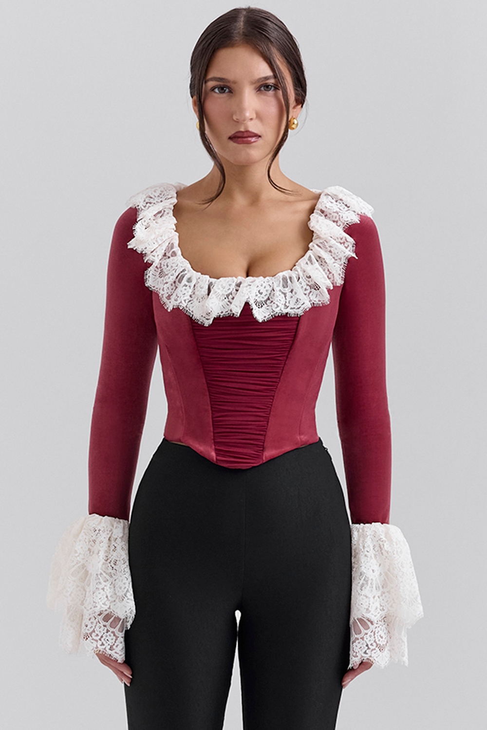 Jacinda, Cabernet Velvet Lace Trimmed Corset Top