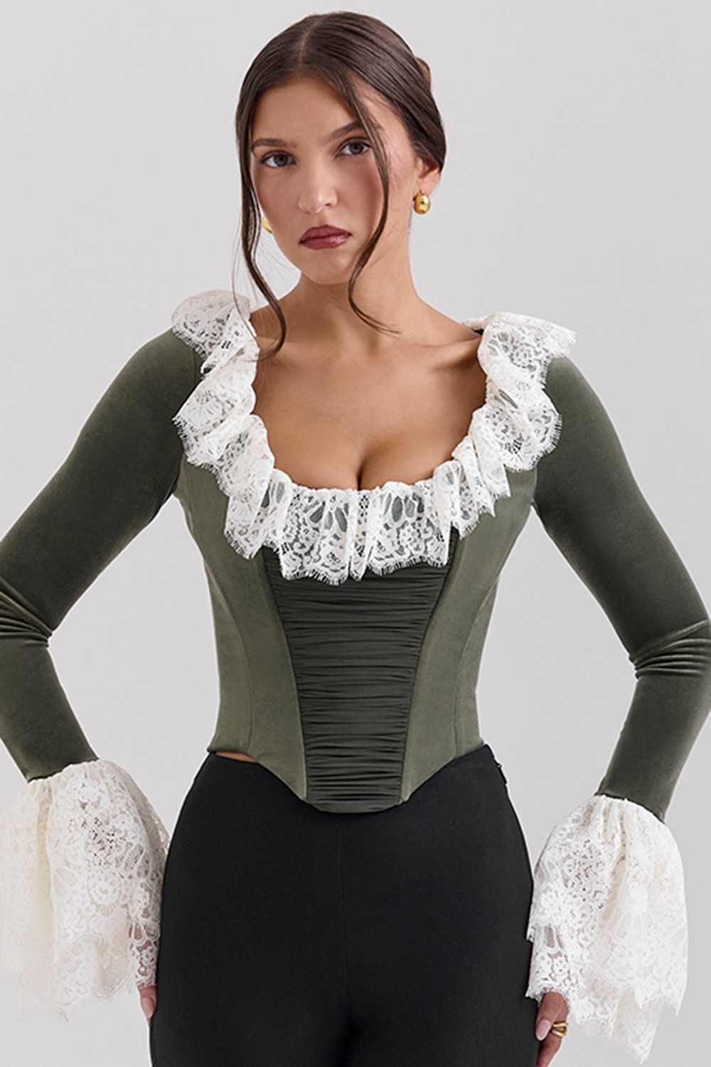 Jacinda, Forest Green Velvet Lace Trimmed Corset Top