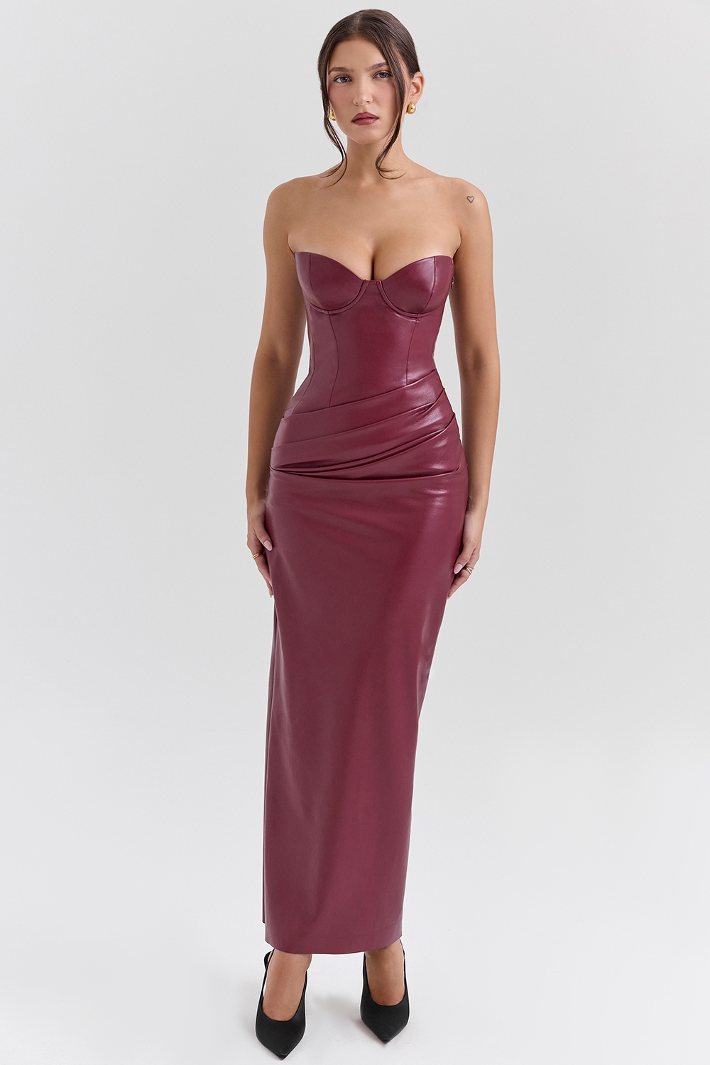 Juliana, Cabernet Vegan Leather Midi Dress