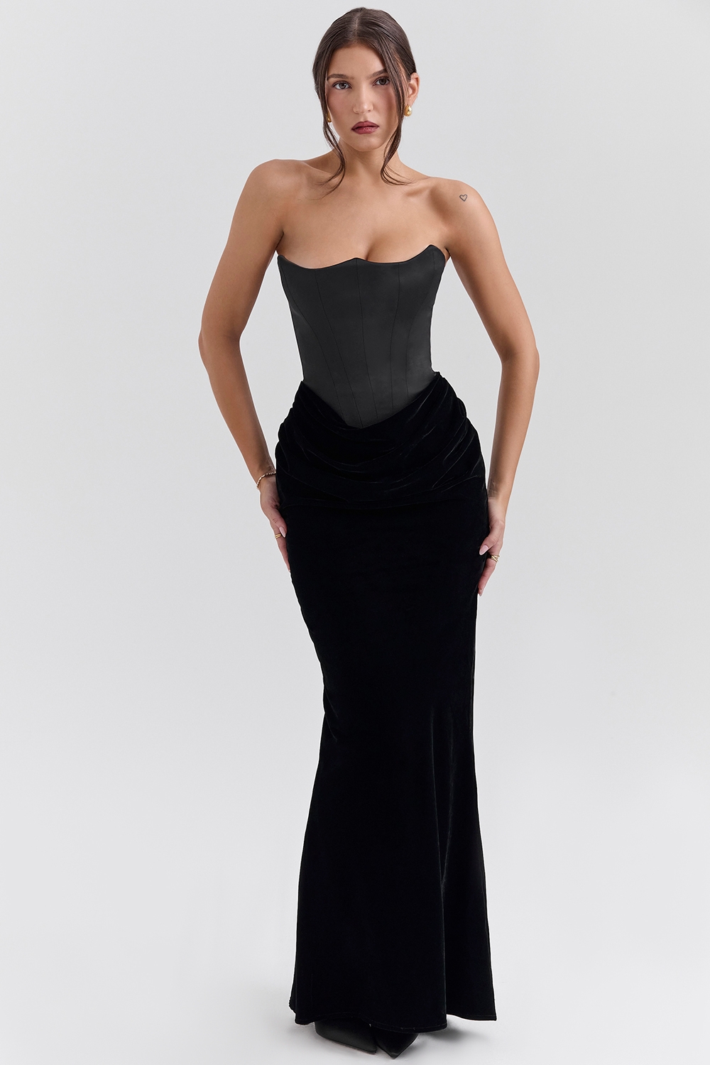 Persephone, Black Velvet Strapless Corset Maxi Dress