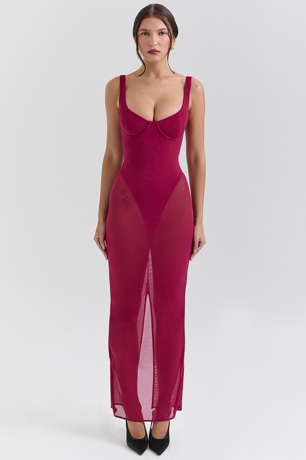 Robina, Wine Stretch Mesh Maxi Dress