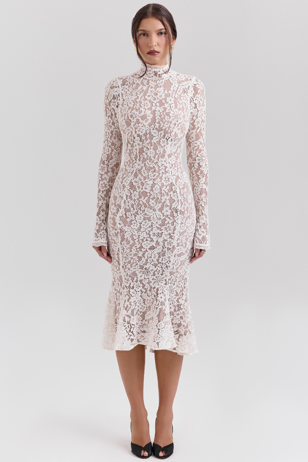 Sophia, Vintage Ivory Lace Fitted Midi Dress