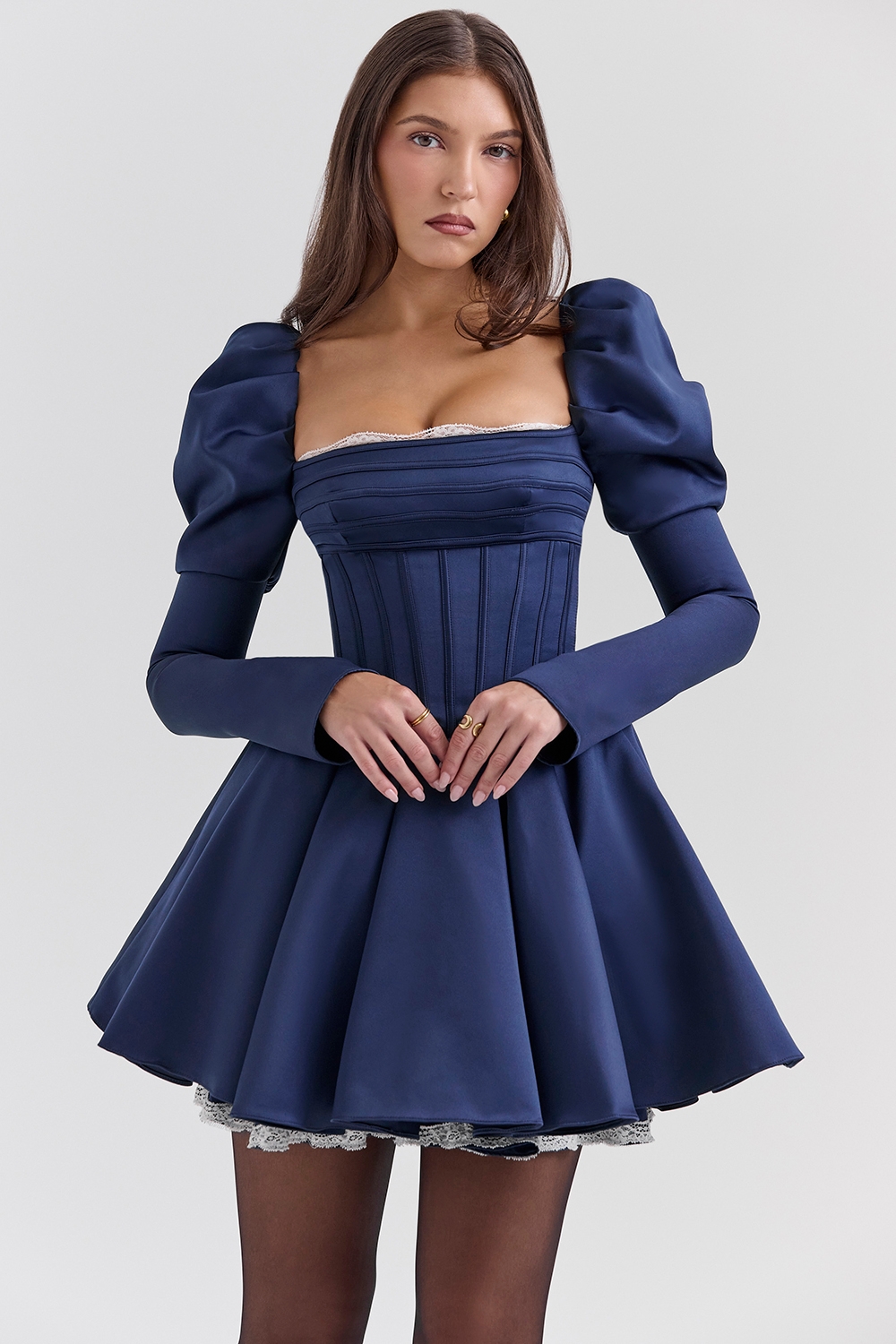 Venetia, Midnight Satin Puff Sleeve Mini Dress