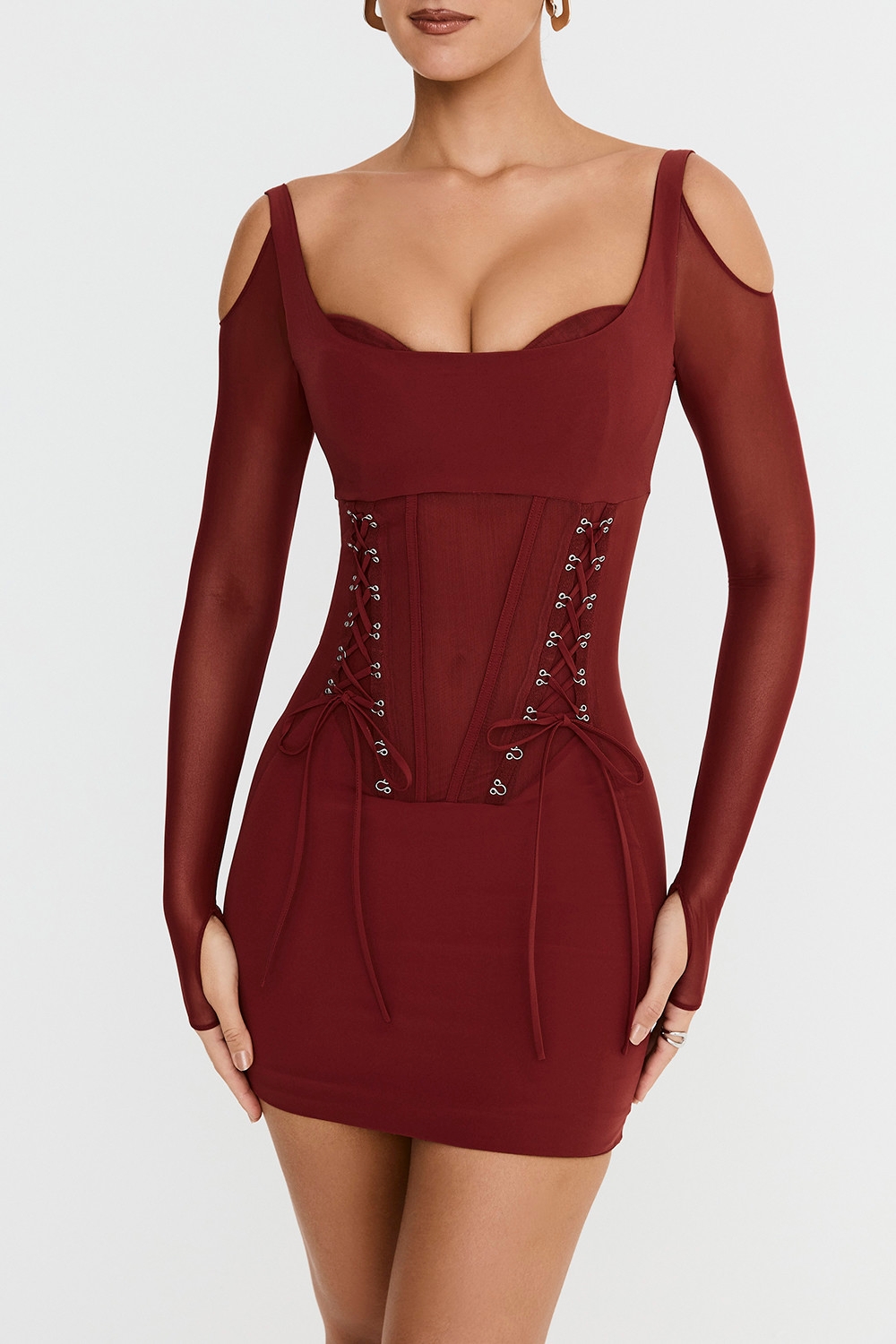 ,Mistress Rocks Dark Cherry Lace Up Corset Mini Dress