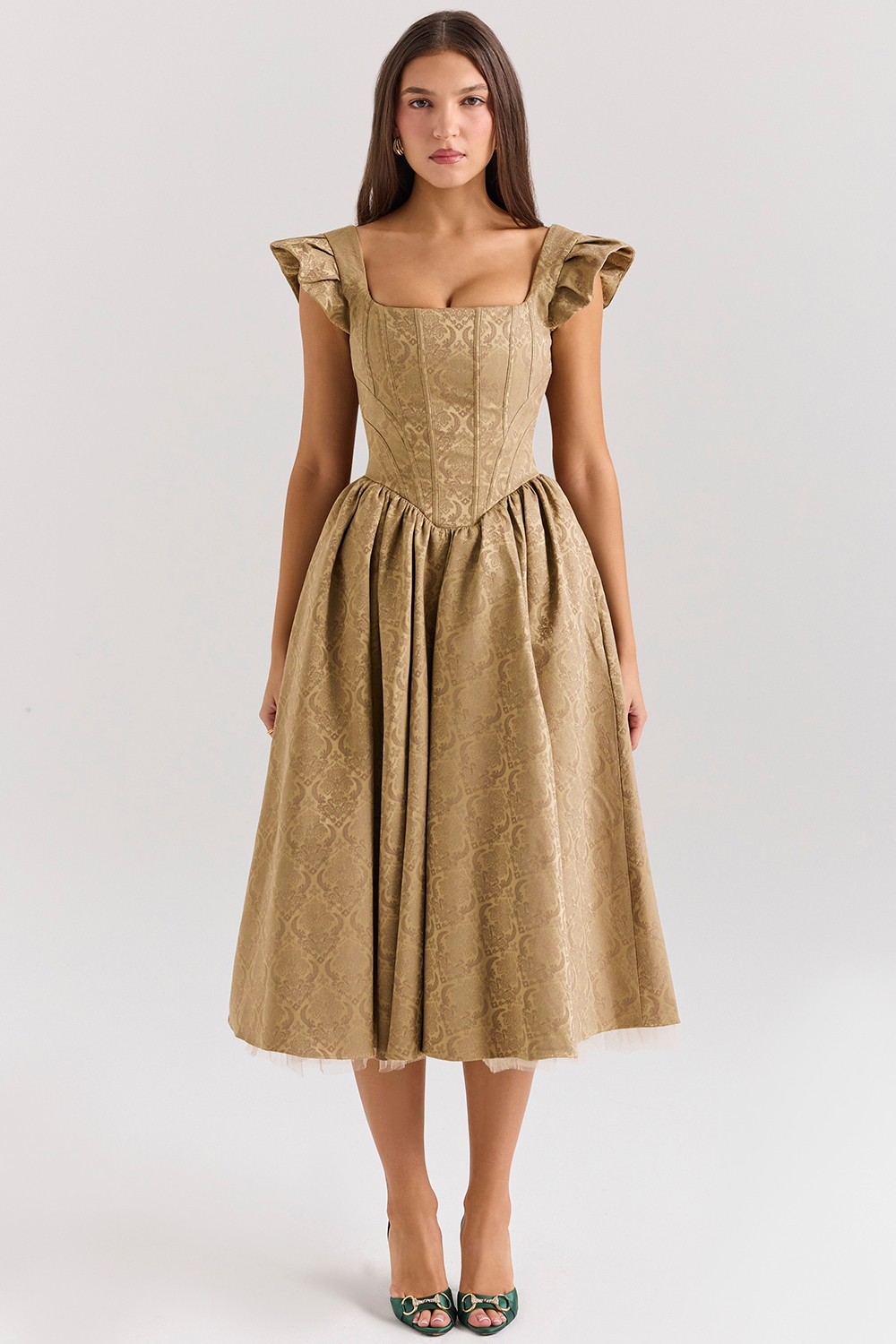 Alessandra, Gold Jacquard Midi Dress with Detachable Bow